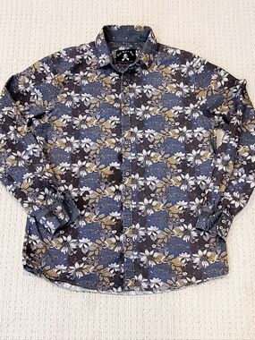 Rock Roll n Soul Grey Floral/Skull Contrast Pattern Button Down Cotton Shirt Lg